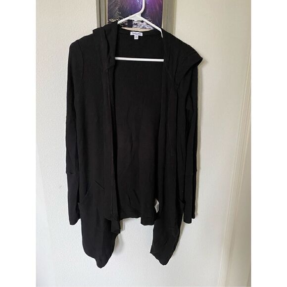 Splendid S Black Waffle Knit Thermal Hooded Cardigan - Picture 4 of 8